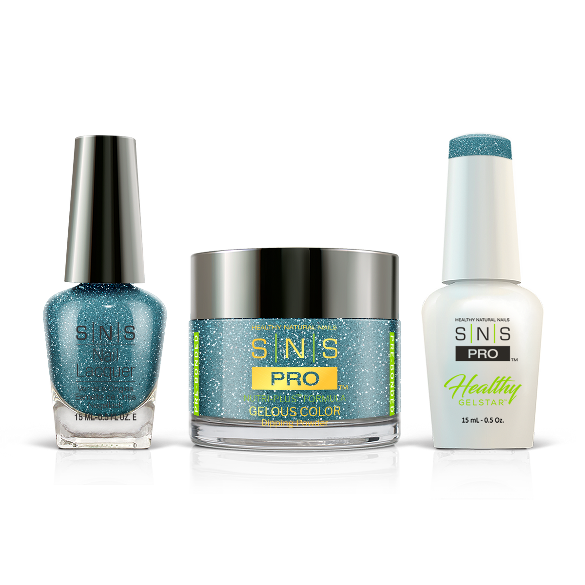 SNS 3-in-1 Set #070 Teal Glitter: dip powder jar, GelStar gel polish and nail lacquer bottles, Burgundy Book Collection
