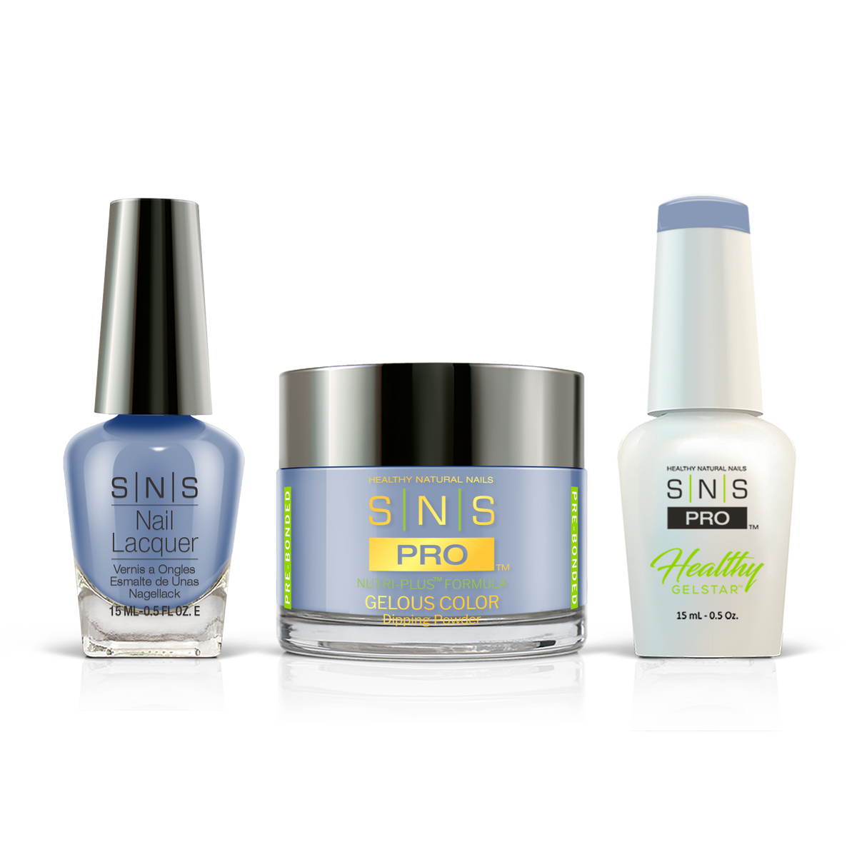 SNS 3-in-1 Set #102 Denim Blue: dip powder jar, GelStar gel polish and nail lacquer bottles, Burgundy Book Collection