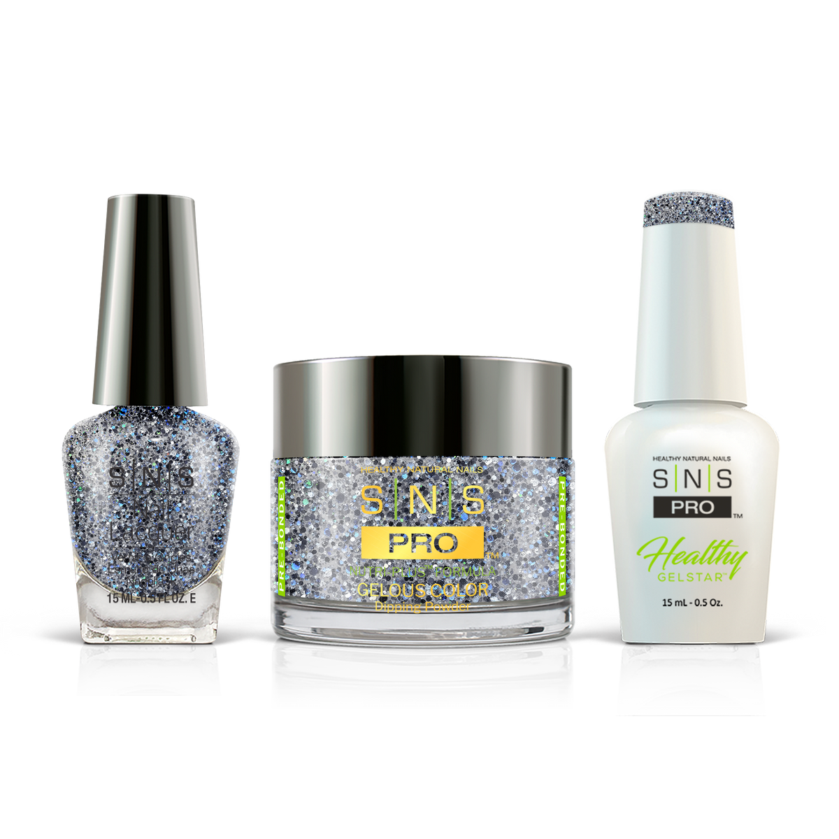 SNS 3-in-1 Set #137 Gray Glitter: dip powder jar, GelStar gel polish and nail lacquer bottles, Burgundy Book Collection