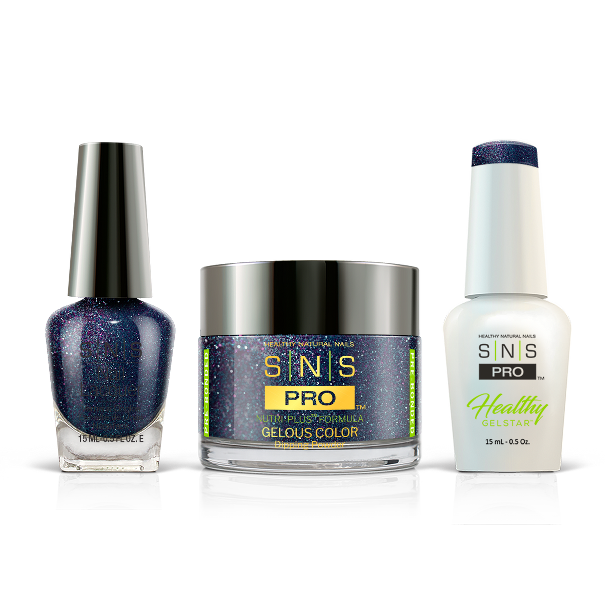 SNS 3-in-1 Set #142 Navy Blue Glitter: dip powder jar, GelStar gel polish and nail lacquer bottles, Burgundy Book Collection