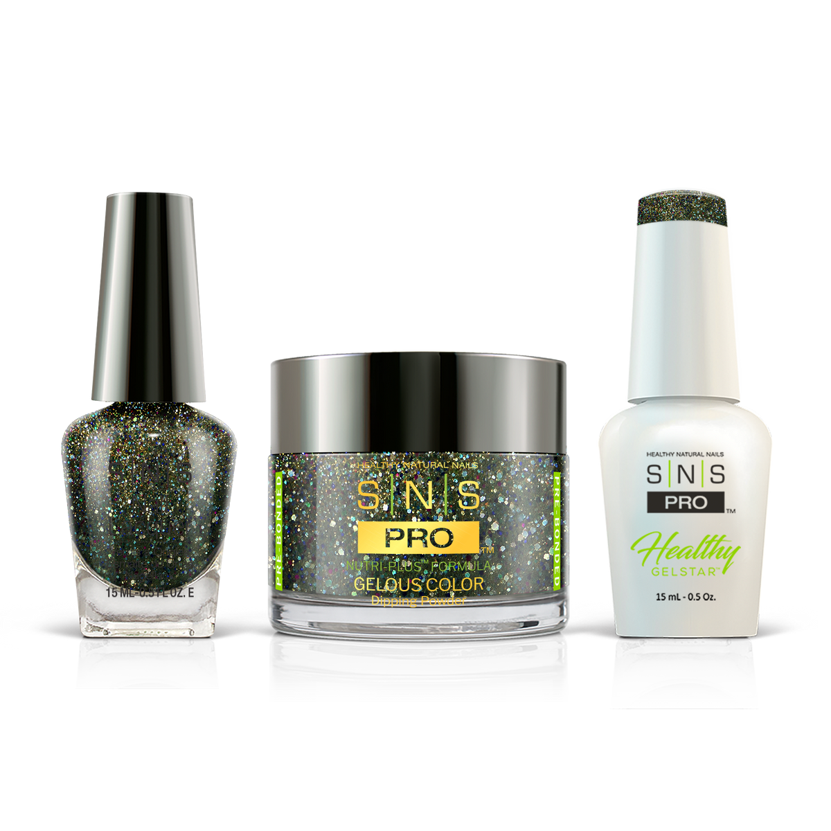 SNS 3-in-1 Set #144 Olive Green Glitter: dip powder jar, GelStar gel polish and nail lacquer bottles, Burgundy Book Collection