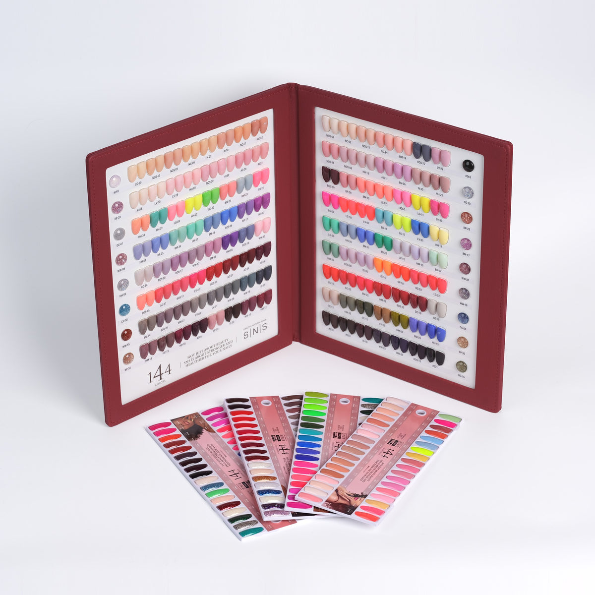 SNS Burgundy Book color book with 144 tip swatches and swatch sticks, the shade range of the 3-in-1 full set
