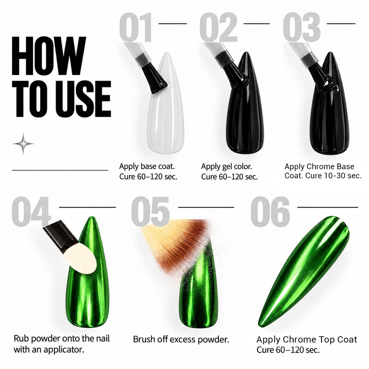 SNS Chrome Powder Set, 12 Colors + Base & Top