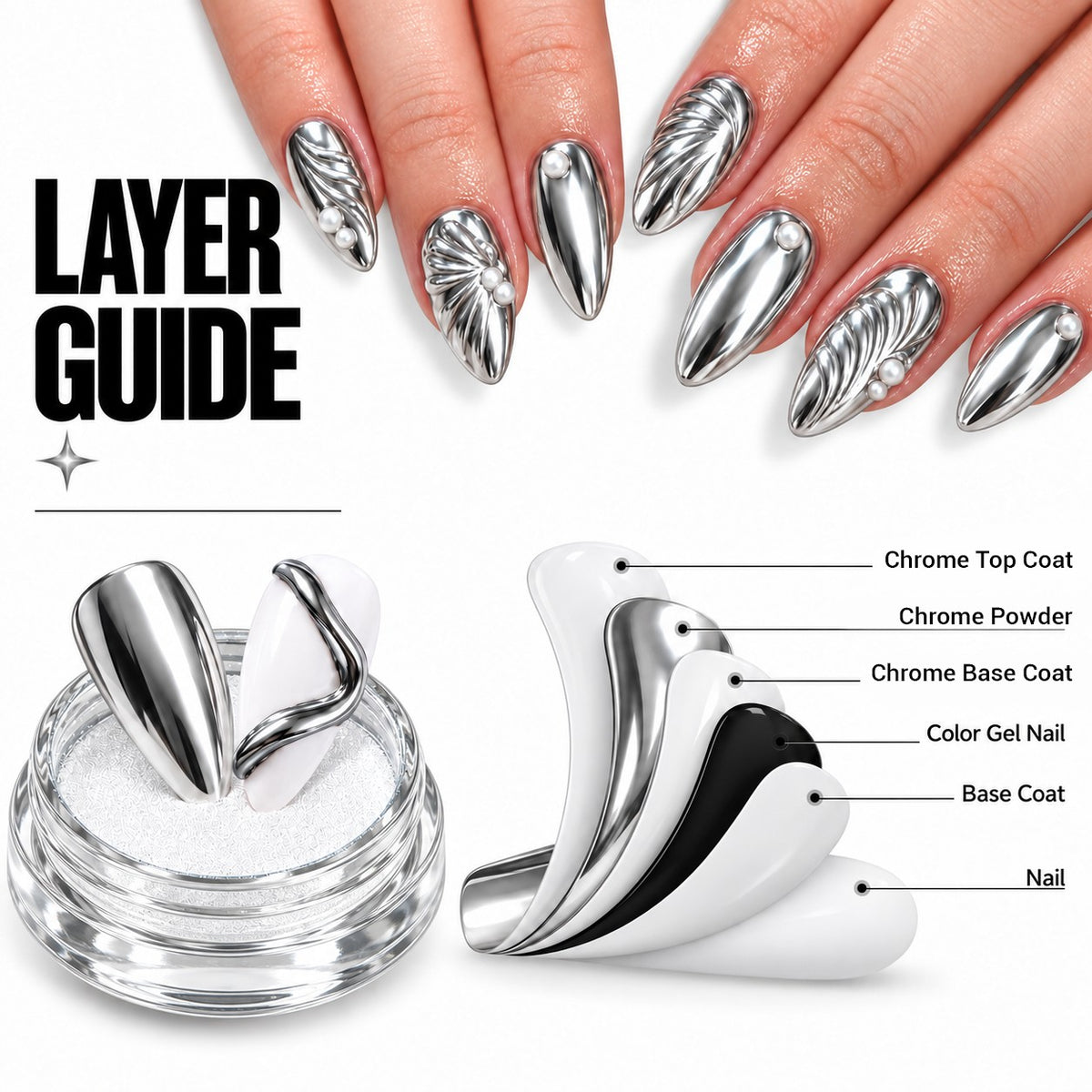 SNS Chrome Powder Set, 12 Colors + Base & Top