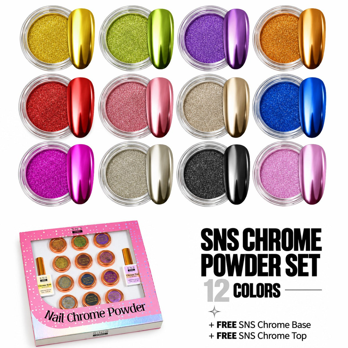 SNS Chrome Powder Set, 12 Colors + Base & Top