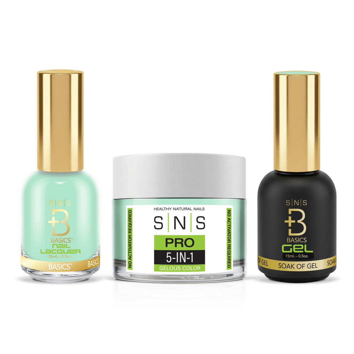 SNS 3-in-1 Set #006 Mint Green: dip powder jar, GelStar gel polish and nail lacquer bottles, Green Book Collection