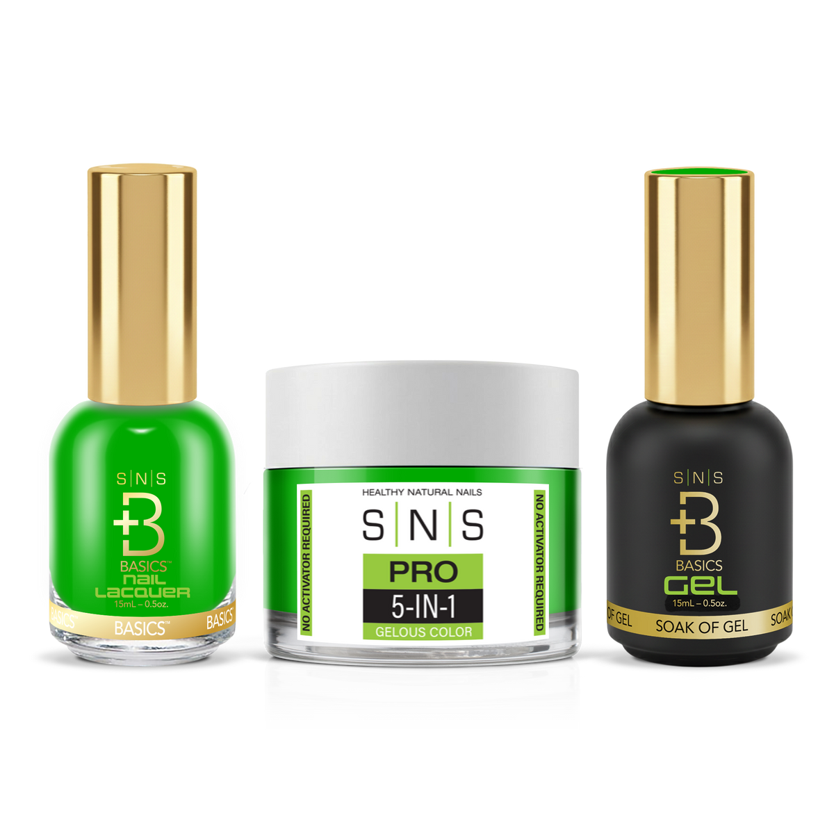 SNS 3-in-1 Set #012 Green: dip powder jar, GelStar gel polish and nail lacquer bottles, Green Book Collection