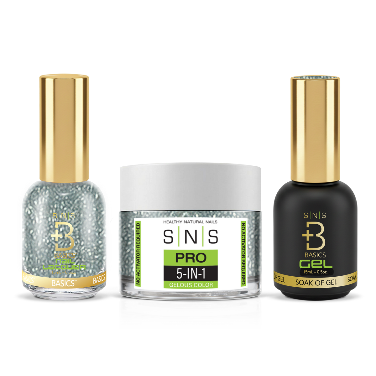 SNS 3-in-1 Set #025 Gray Glitter: dip powder jar, GelStar gel polish and nail lacquer bottles, Green Book Collection