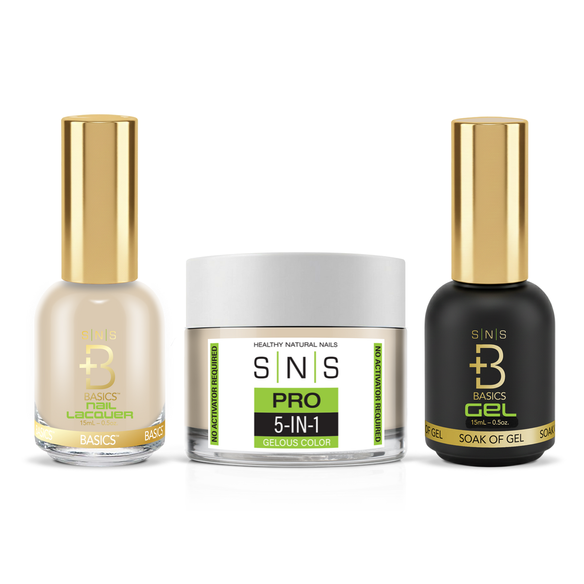 SNS 3-in-1 Set #035 Light Nude: dip powder jar, GelStar gel polish and nail lacquer bottles, Green Book Collection