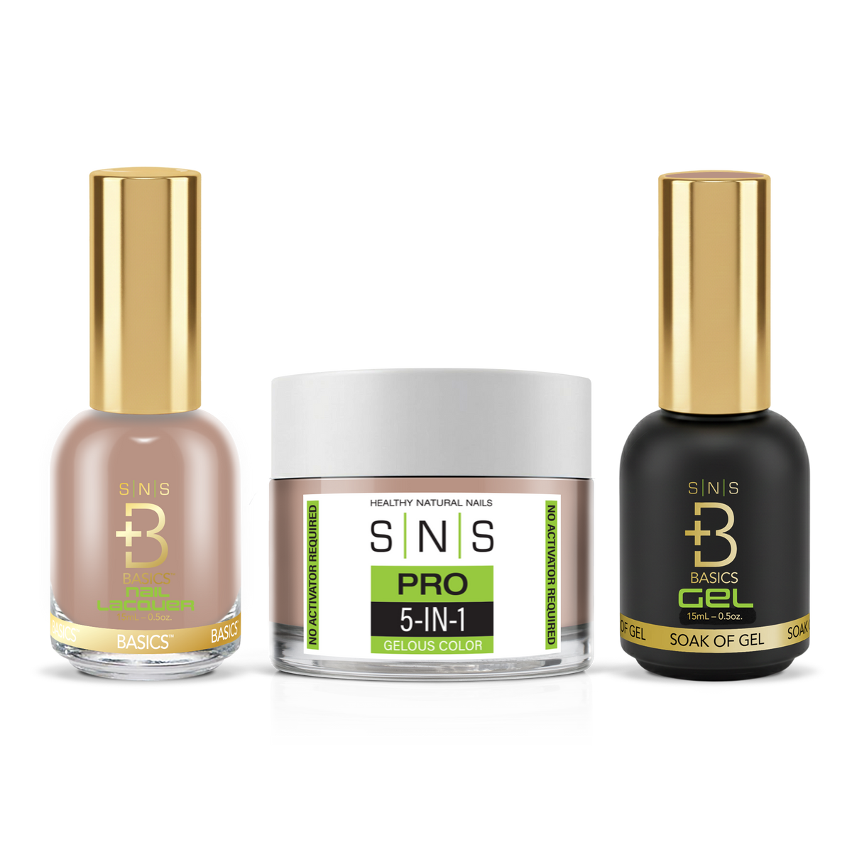SNS 3-in-1 Set #038 Nude Beige: dip powder jar, GelStar gel polish and nail lacquer bottles, Green Book Collection