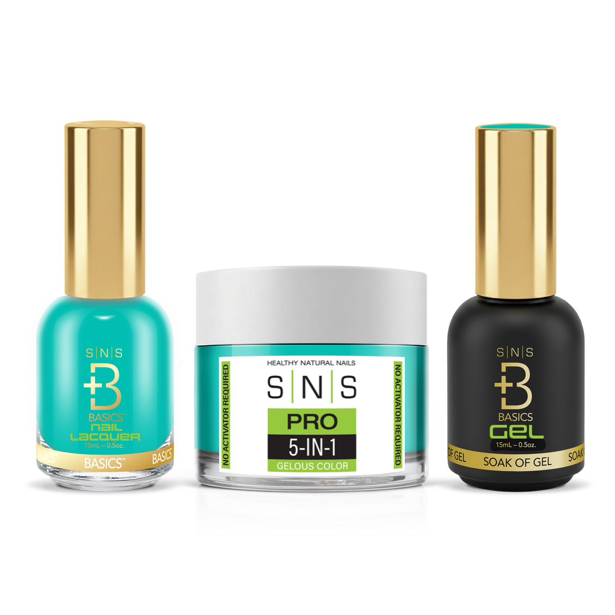 SNS 3-in-1 Set #061 Teal: dip powder jar, GelStar gel polish and nail lacquer bottles, Green Book Collection
