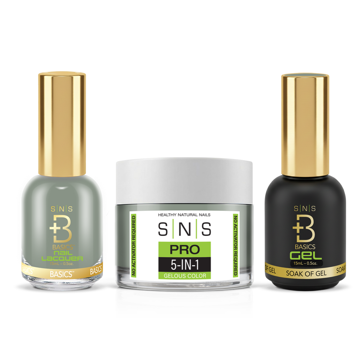 SNS 3-in-1 Set #096 Gray: dip powder jar, GelStar gel polish and nail lacquer bottles, Green Book Collection