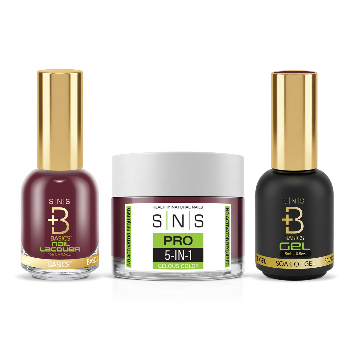 SNS 3-in-1 Set #097 Deep Red: dip powder jar, GelStar gel polish and nail lacquer bottles, Green Book Collection