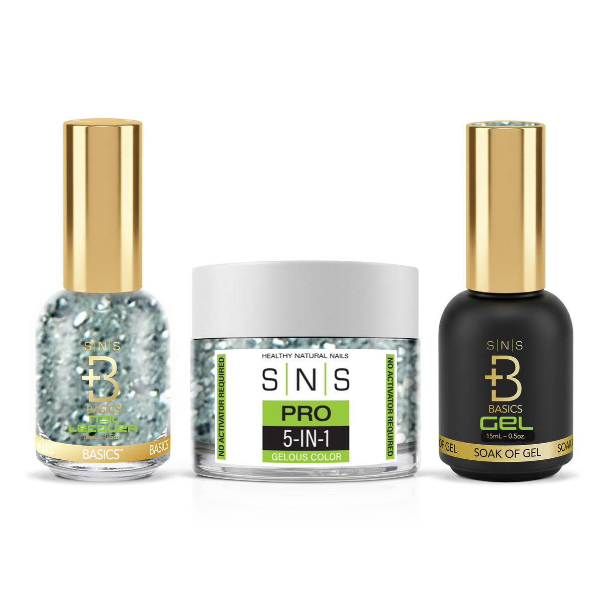 SNS 3-in-1 Set #110 Teal Glitter: dip powder jar, GelStar gel polish and nail lacquer bottles, Green Book Collection