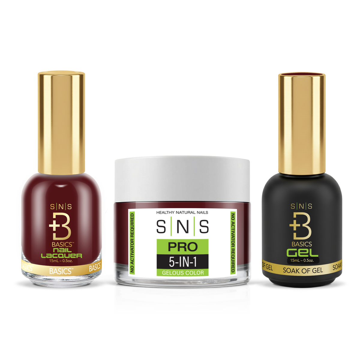 SNS 3-in-1 Set #116 Deep Red: dip powder jar, GelStar gel polish and nail lacquer bottles, Green Book Collection