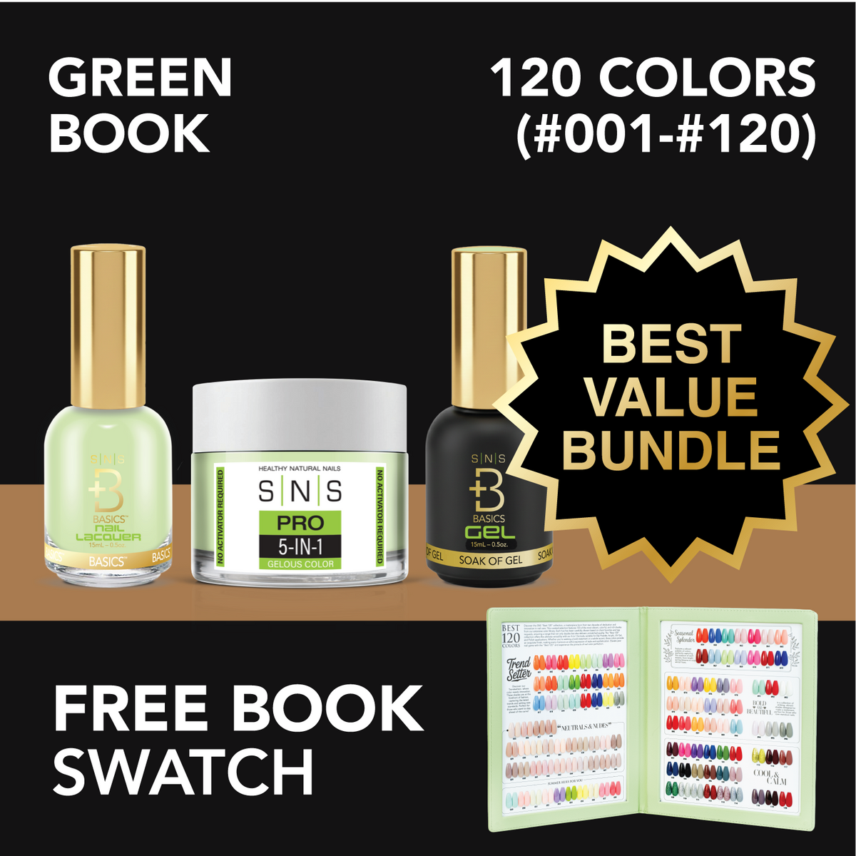 SNS Green Book color book with 120 tip swatches and swatch sticks, the shade range of the Gel & Lacquer Duo full set