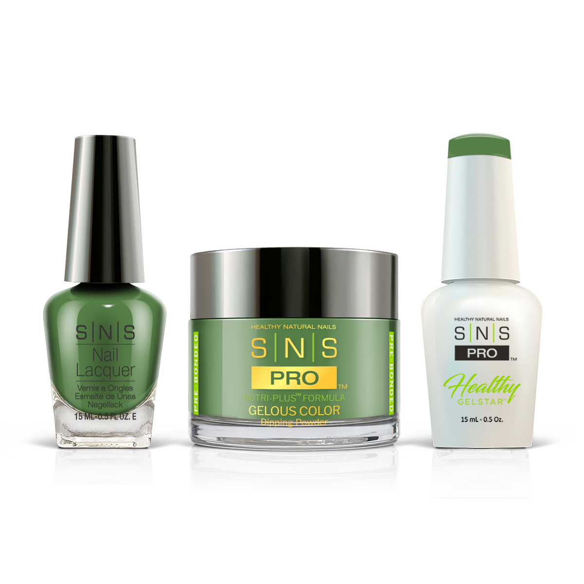 SNS 3-in-1 Set #028 Green: dip powder jar, GelStar gel polish and nail lacquer bottles, Pink Book Collection