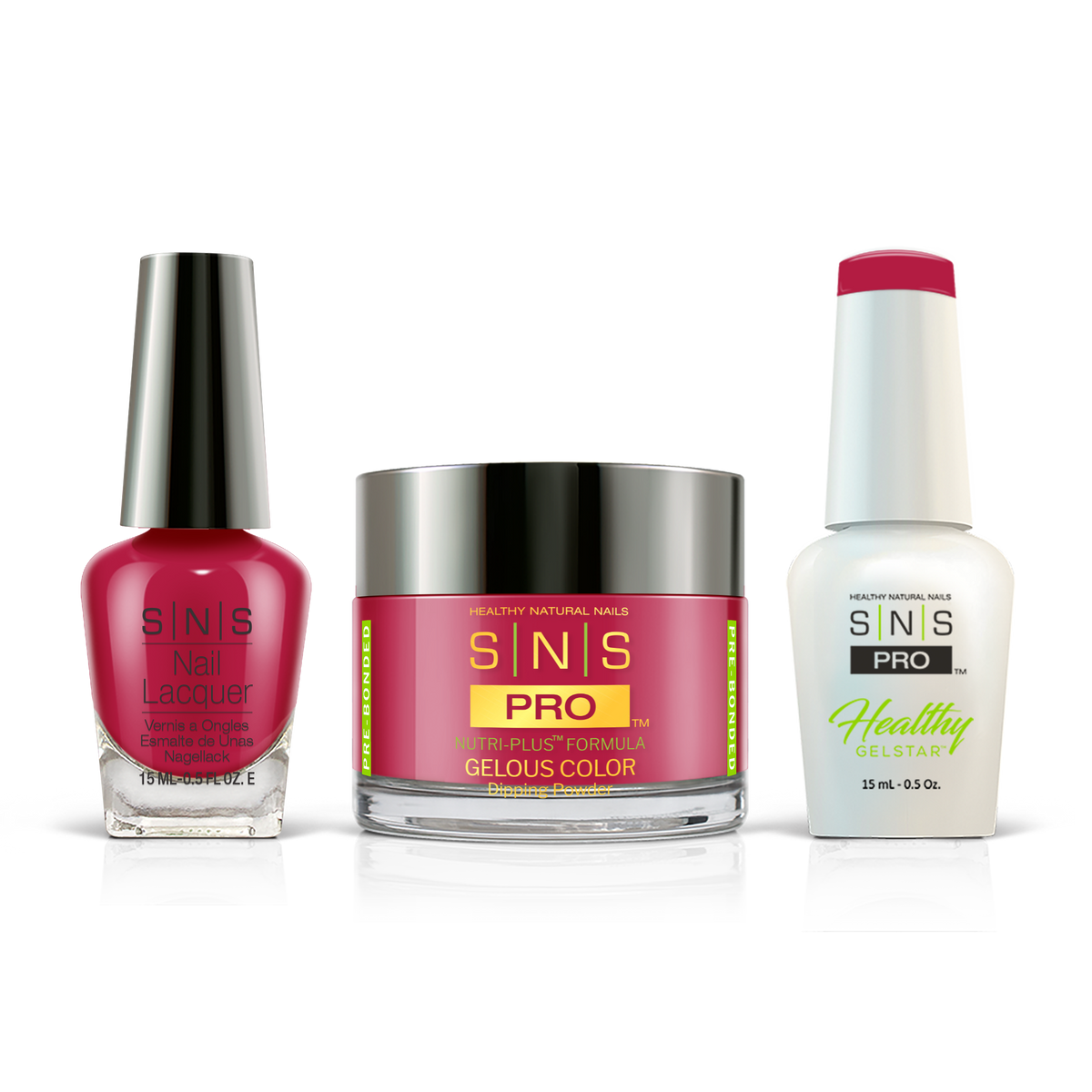 SNS 3-in-1 Set #039 Hot Pink: dip powder jar, GelStar gel polish and nail lacquer bottles, Pink Book Collection