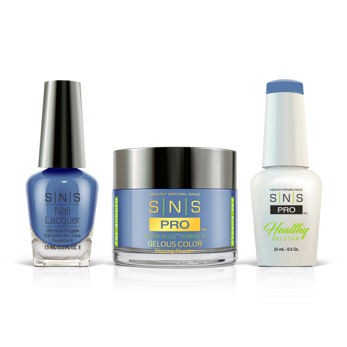 SNS 3-in-1 Set #045 Denim Blue: dip powder jar, GelStar gel polish and nail lacquer bottles, Pink Book Collection