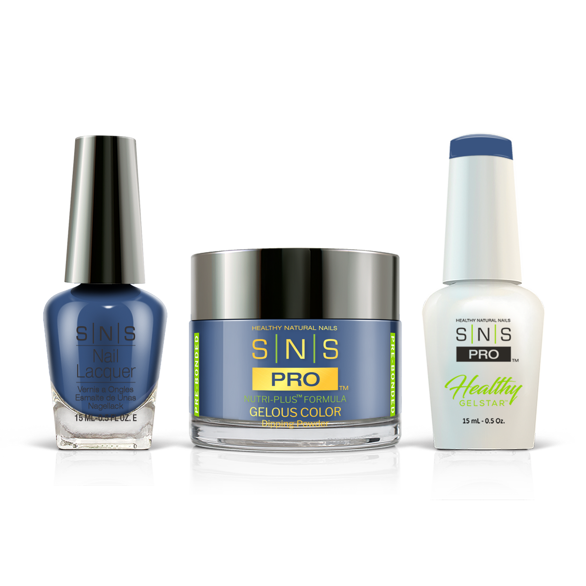 SNS 3-in-1 Set #046 Denim Blue: dip powder jar, GelStar gel polish and nail lacquer bottles, Pink Book Collection