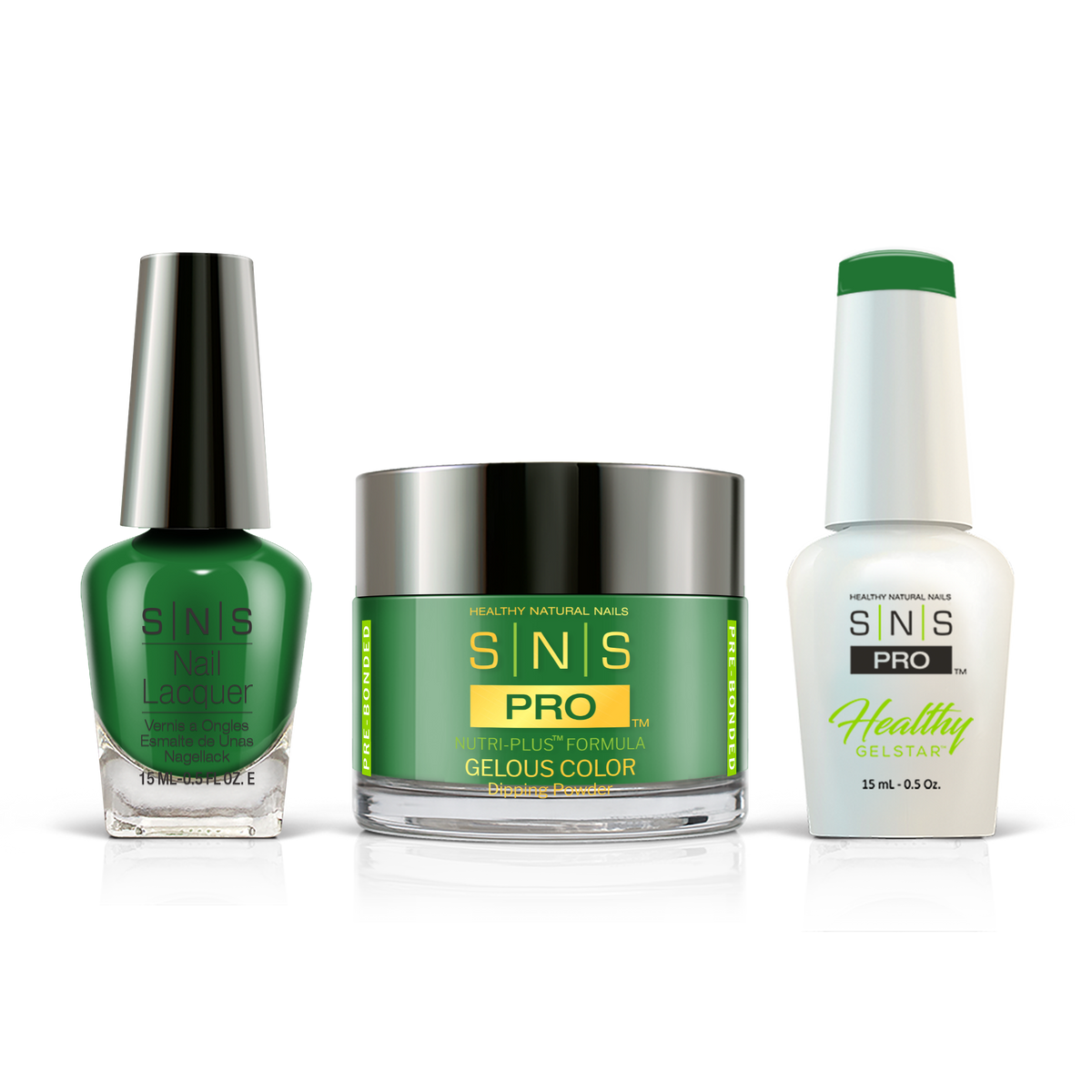 SNS 3-in-1 Set #048 Green: dip powder jar, GelStar gel polish and nail lacquer bottles, Pink Book Collection