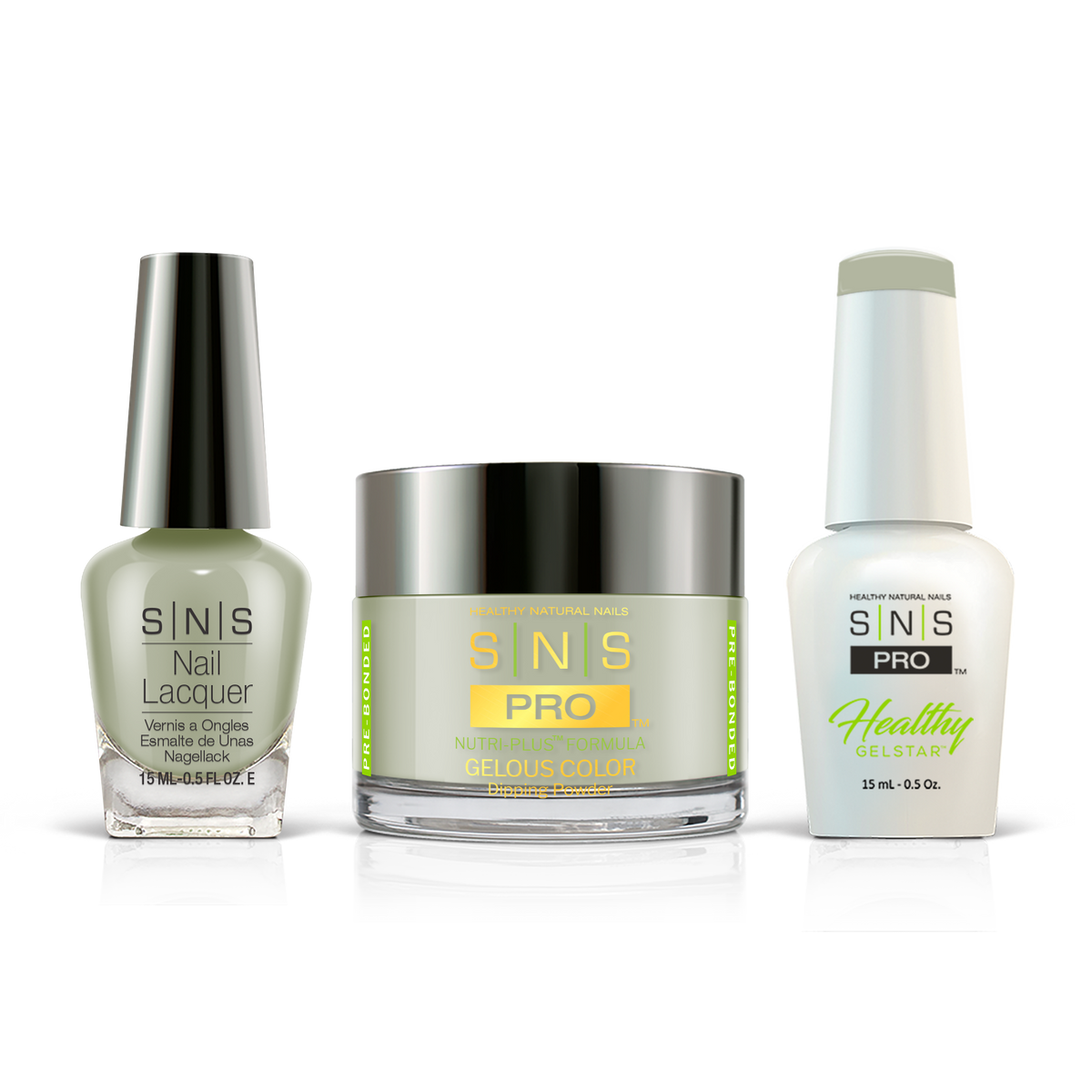 SNS 3-in-1 Set #067 Sage Green: dip powder jar, GelStar gel polish and nail lacquer bottles, Pink Book Collection