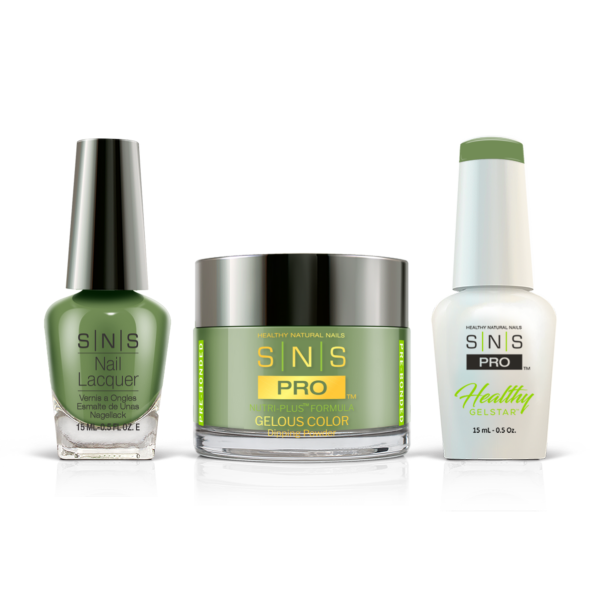 SNS Pink Book #068 olive green 3-in-1 set: dipping powder, GelStar gel and nail lacquer
