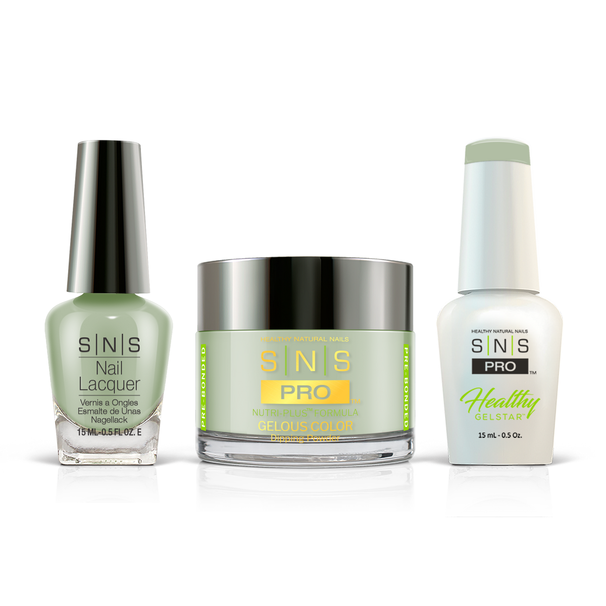 SNS 3-in-1 Set #075 Sage Green: dip powder jar, GelStar gel polish and nail lacquer bottles, Pink Book Collection