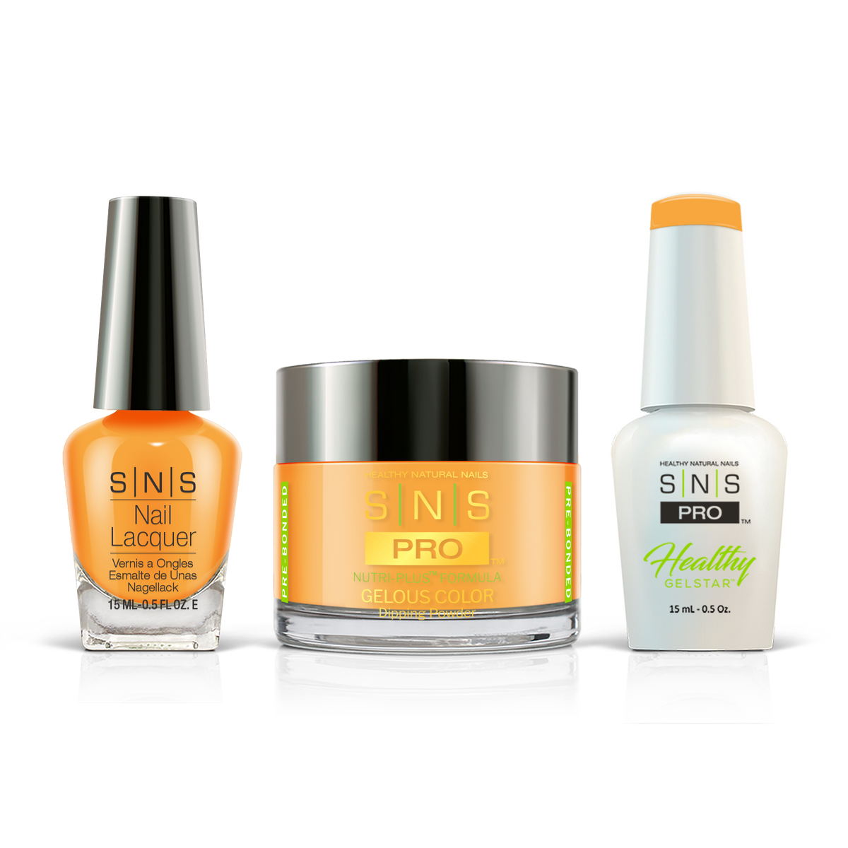 SNS 3-in-1 Set #080 Orange: dip powder jar, GelStar gel polish and nail lacquer bottles, Pink Book Collection