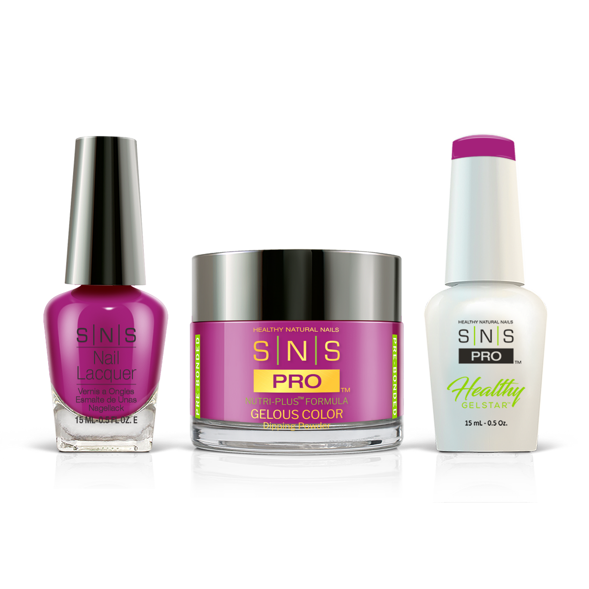 SNS 3-in-1 Set #090 Magenta: dip powder jar, GelStar gel polish and nail lacquer bottles, Pink Book Collection
