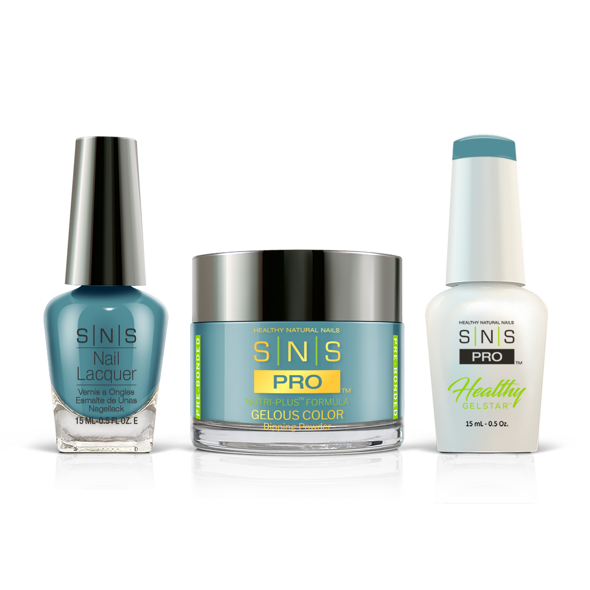 SNS 3-in-1 Set #095 Teal: dip powder jar, GelStar gel polish and nail lacquer bottles, Pink Book Collection