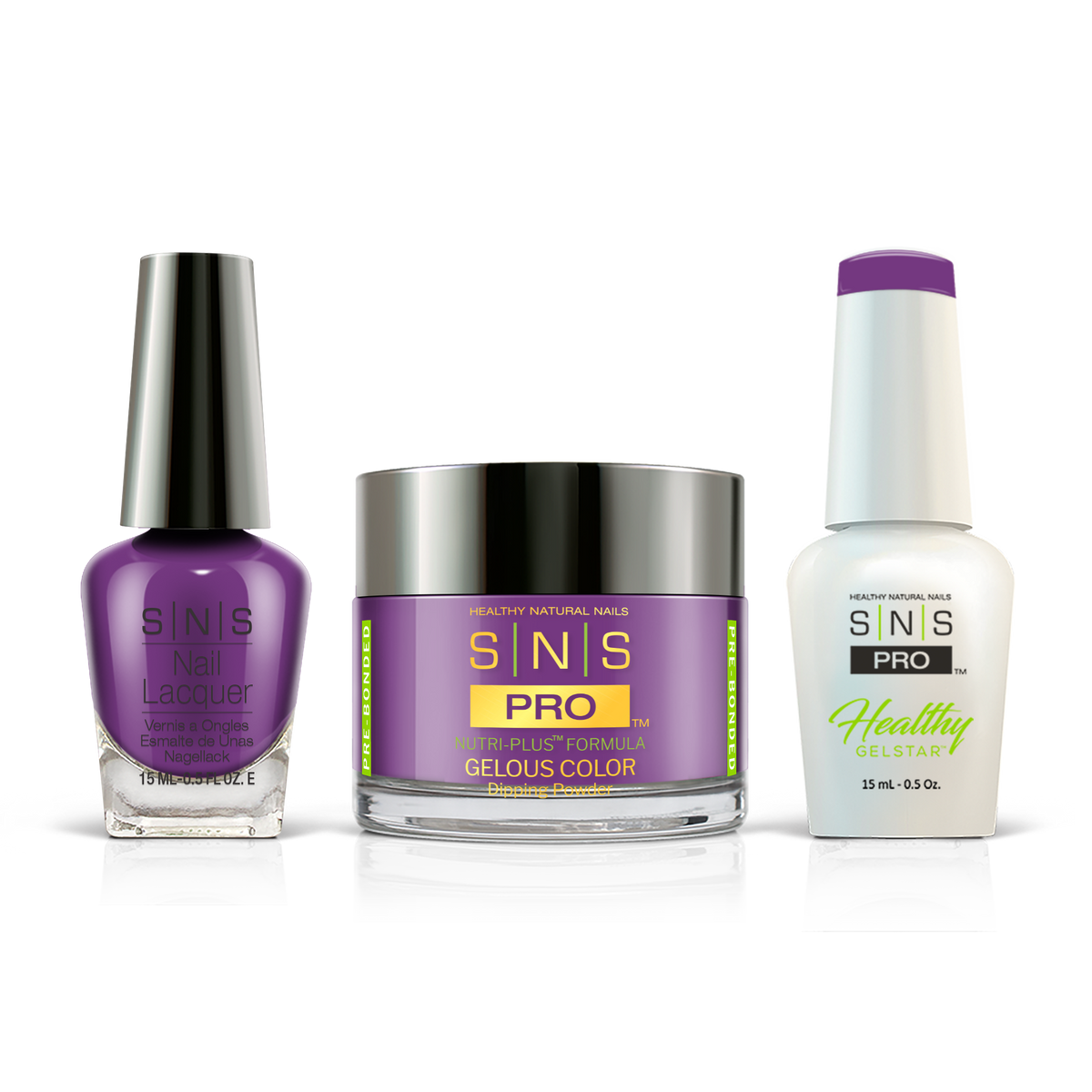 SNS 3-in-1 Set #104 Purple: dip powder jar, GelStar gel polish and nail lacquer bottles, Pink Book Collection