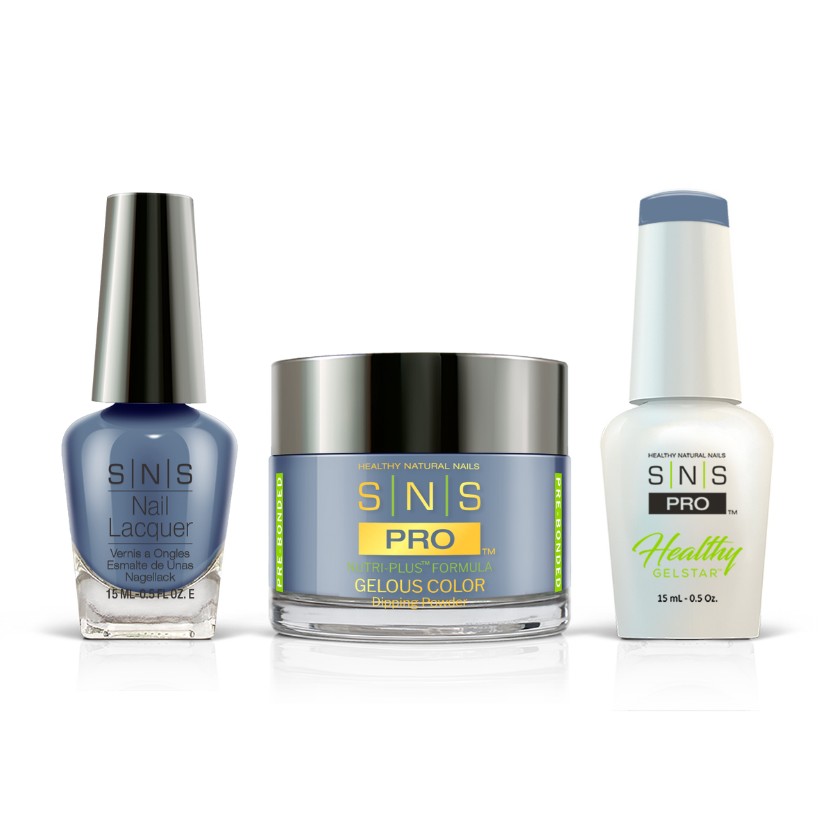 SNS 3-in-1 Set #121 Denim Blue: dip powder jar, GelStar gel polish and nail lacquer bottles, Pink Book Collection