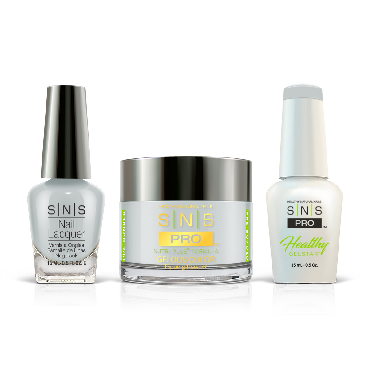 SNS 3-in-1 Set #122 Off White: dip powder jar, GelStar gel polish and nail lacquer bottles, Pink Book Collection