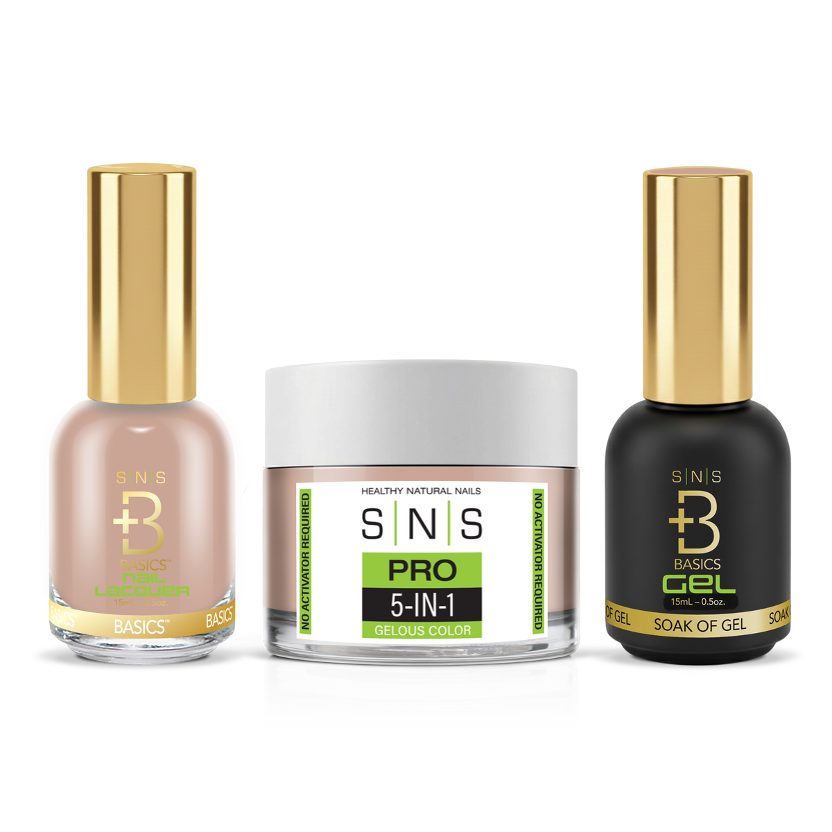 SNS 3-in-1 Set #041 Nude Beige: dip powder jar, GelStar gel polish and nail lacquer bottles, Yellow Green Book Collection