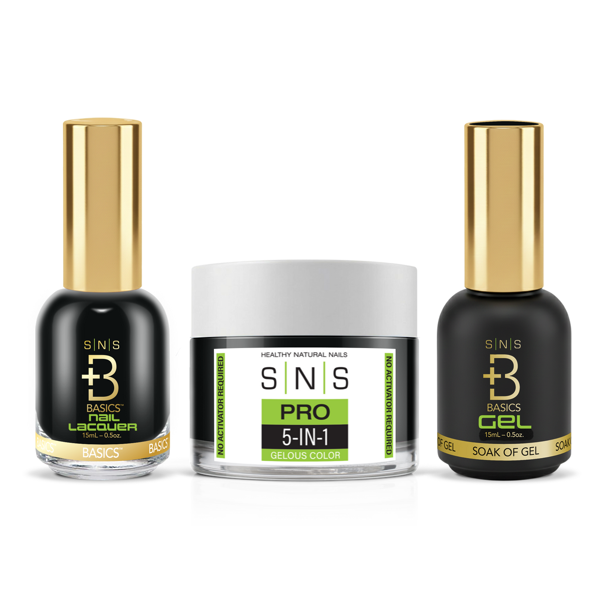 SNS 3-in-1 Set #074 Black: dip powder jar, GelStar gel polish and nail lacquer bottles, Yellow Green Book Collection