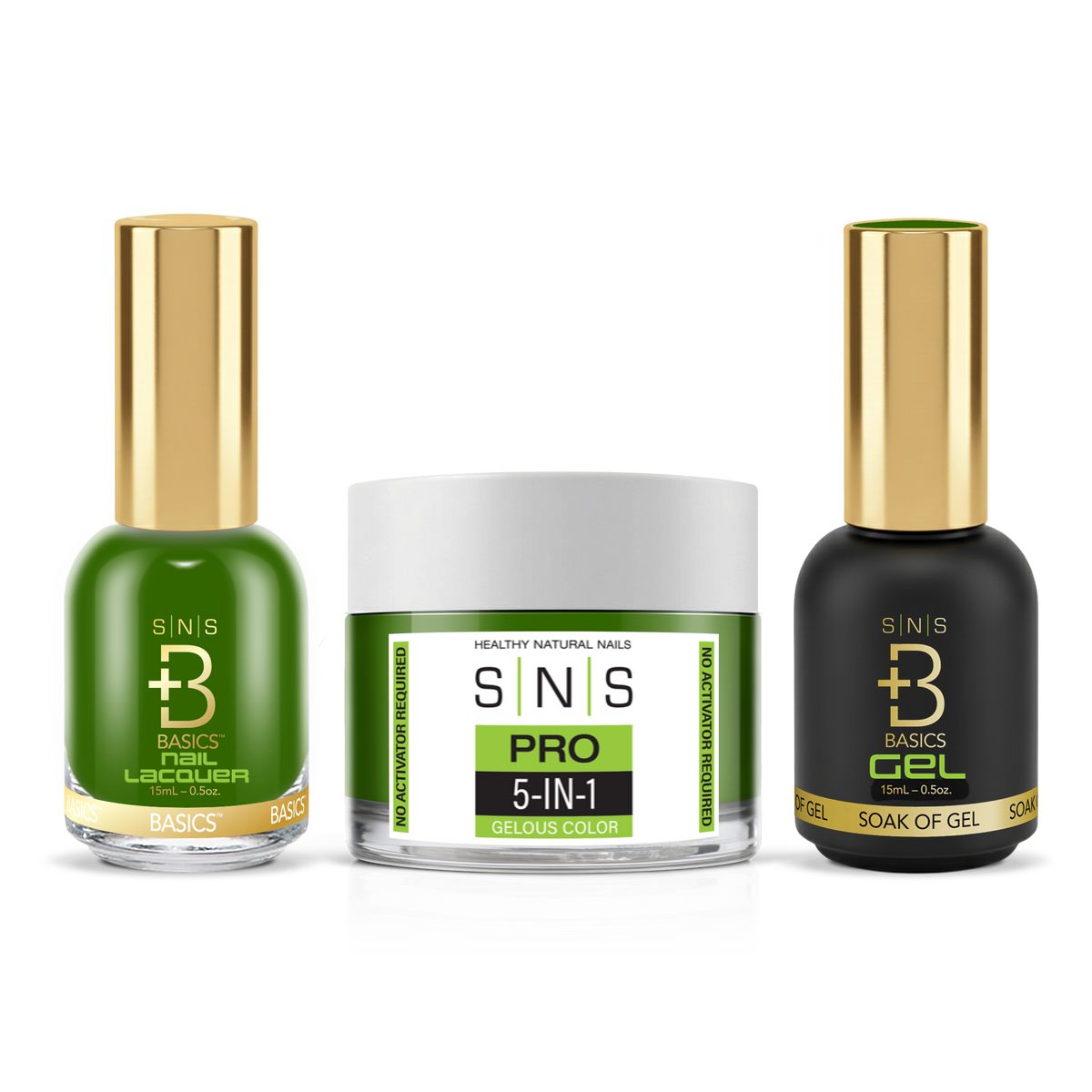 SNS 3-in-1 Set #077 Olive Green: dip powder jar, GelStar gel polish and nail lacquer bottles, Yellow Green Book Collection