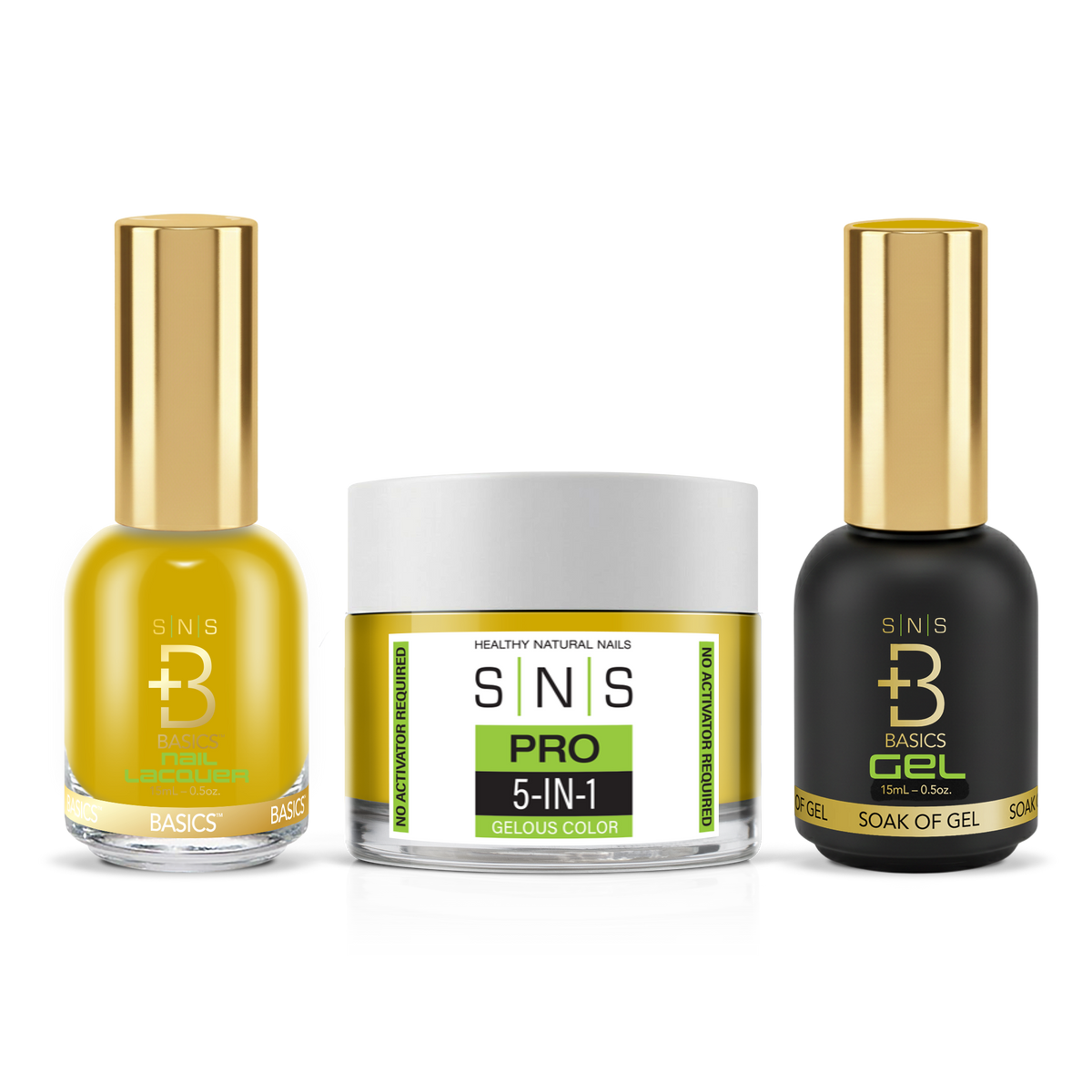 SNS 3-in-1 Set #090 Mustard Yellow: dip powder jar, GelStar gel polish and nail lacquer bottles, Yellow Green Book Collection