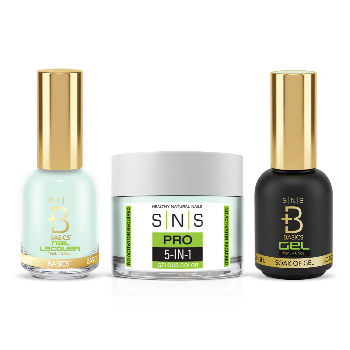 SNS 3-in-1 Set #107 Mint Green: dip powder jar, GelStar gel polish and nail lacquer bottles, Yellow Green Book Collection