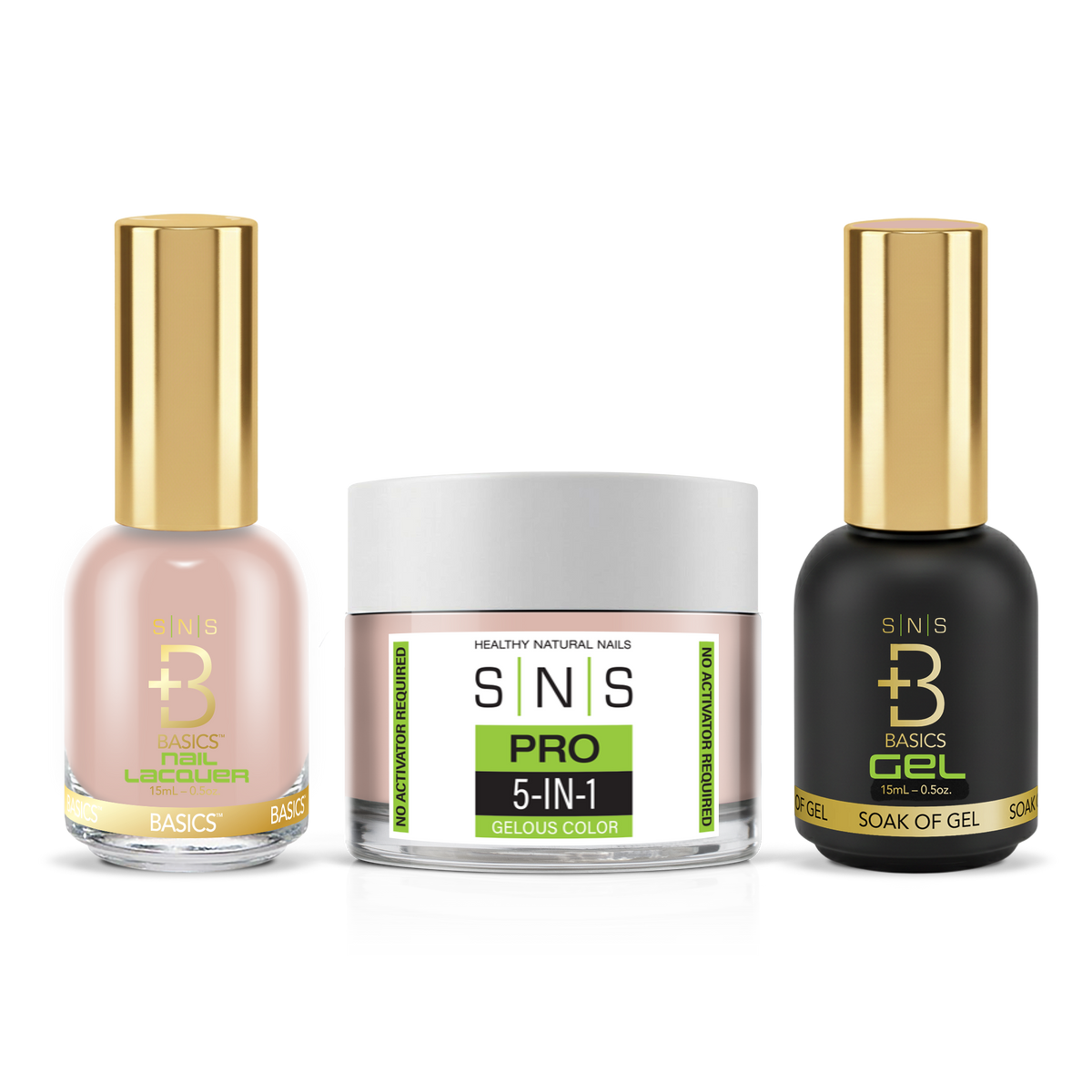 SNS 3-in-1 Set #114 Light Nude: dip powder jar, GelStar gel polish and nail lacquer bottles, Yellow Green Book Collection