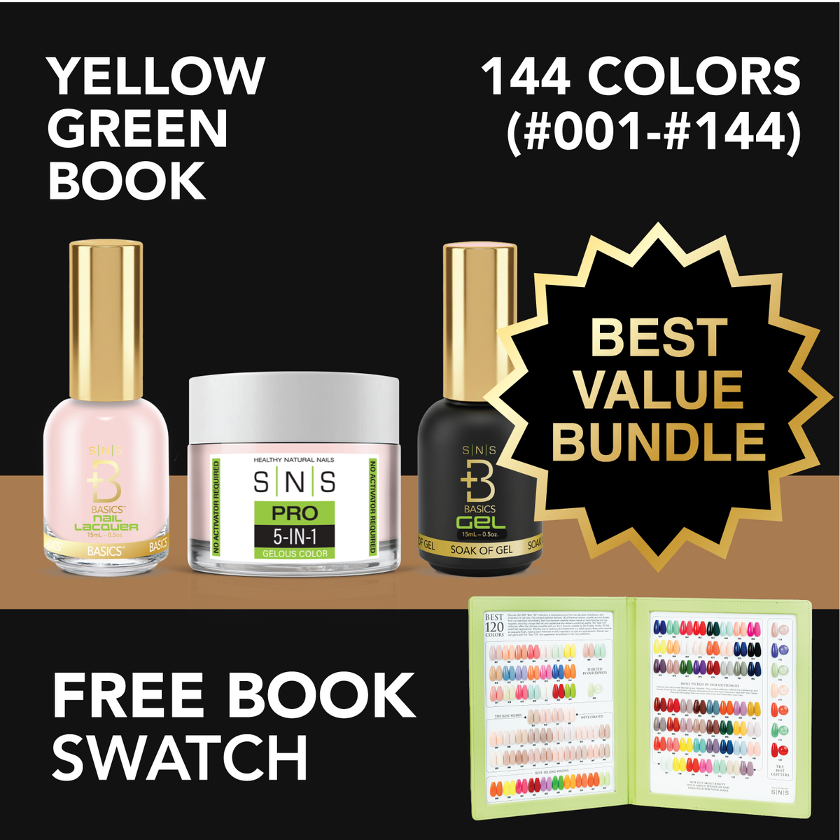 SNS Yellow Green Book color book with 120 tip swatches, the shade range of the dip and acrylic powder full set