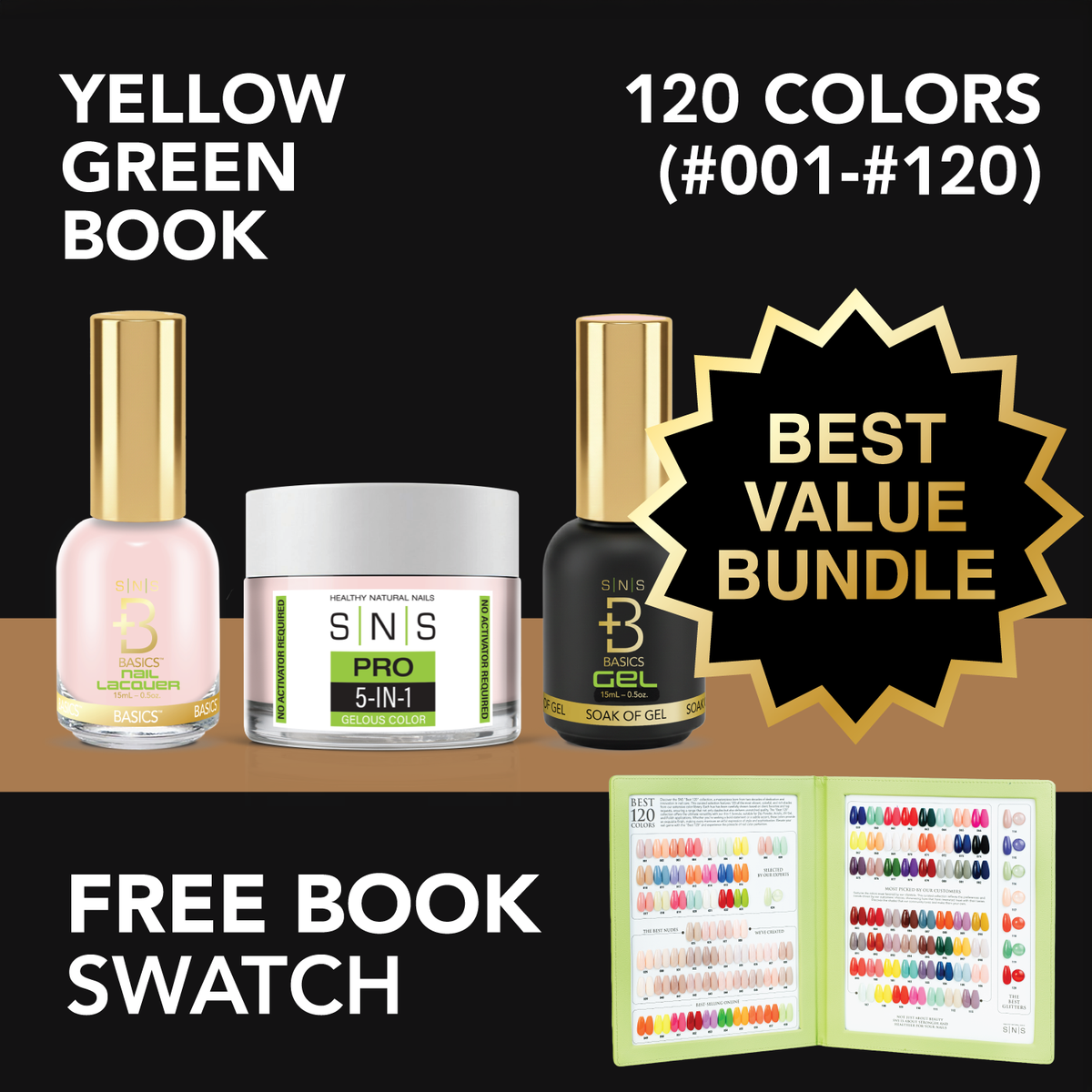 SNS Yellow Green Book color book with 120 tip swatches and swatch sticks, the shade range of the Gel & Lacquer Duo full set