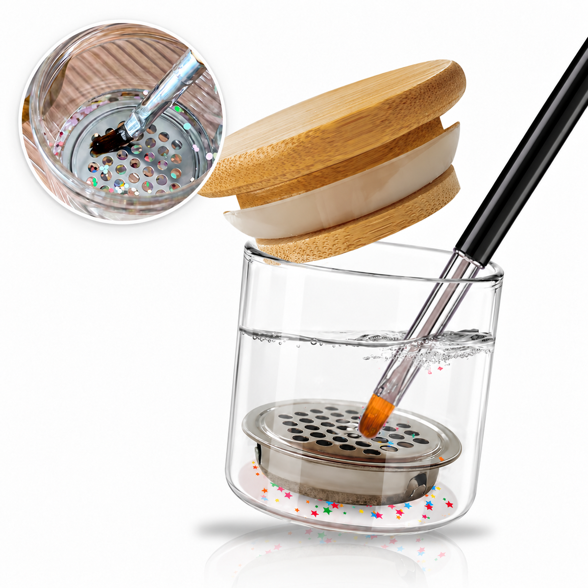 Nail Art Brush Washing Cup, Bamboo Lid