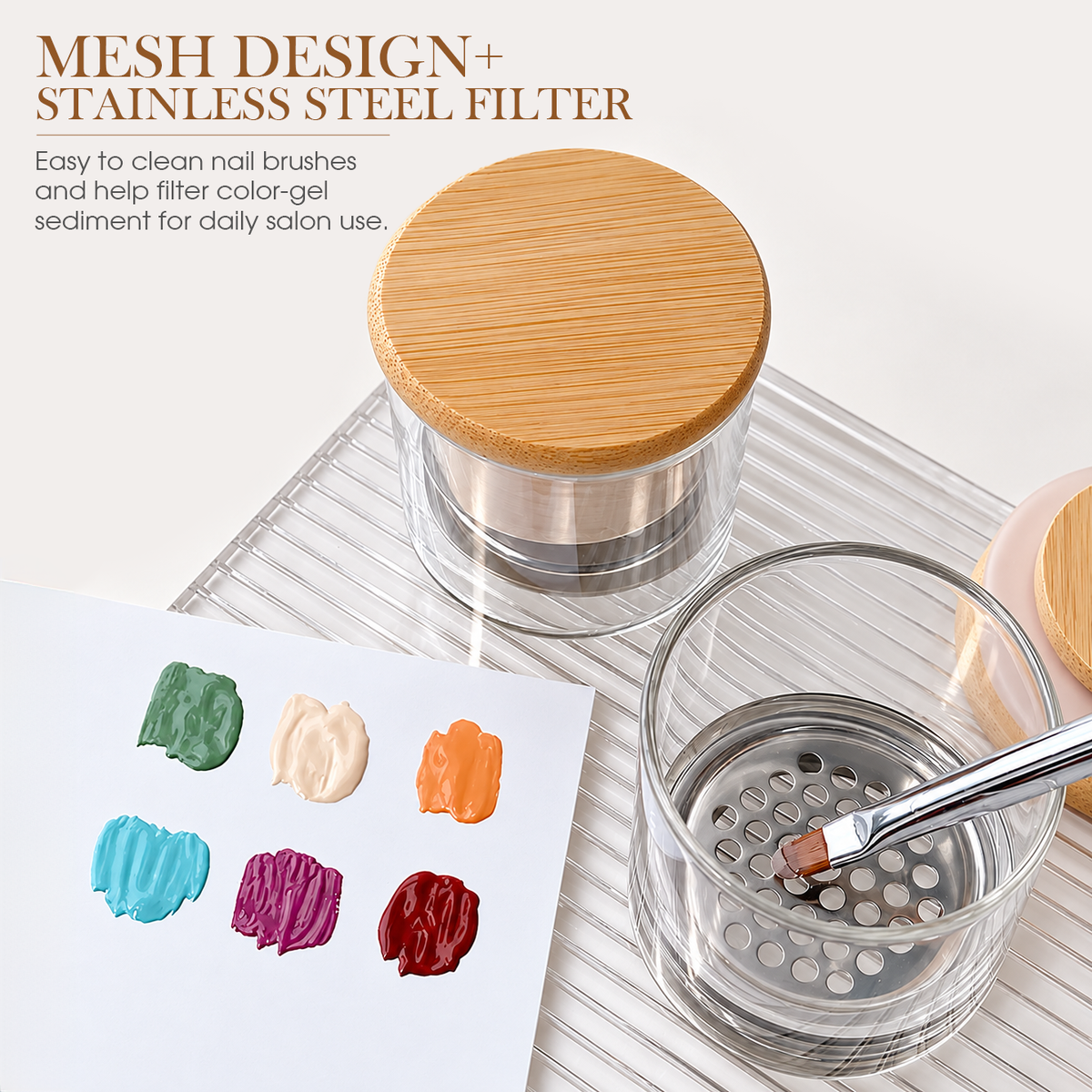 Nail Art Brush Washing Cup, Bamboo Lid